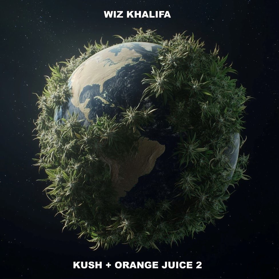 Earth encircled by greenery, symbolizing nature and cannabis, with the title 'Wiz Khalifa' and album name 'Kush + Orange Juice 2' at the bottom.